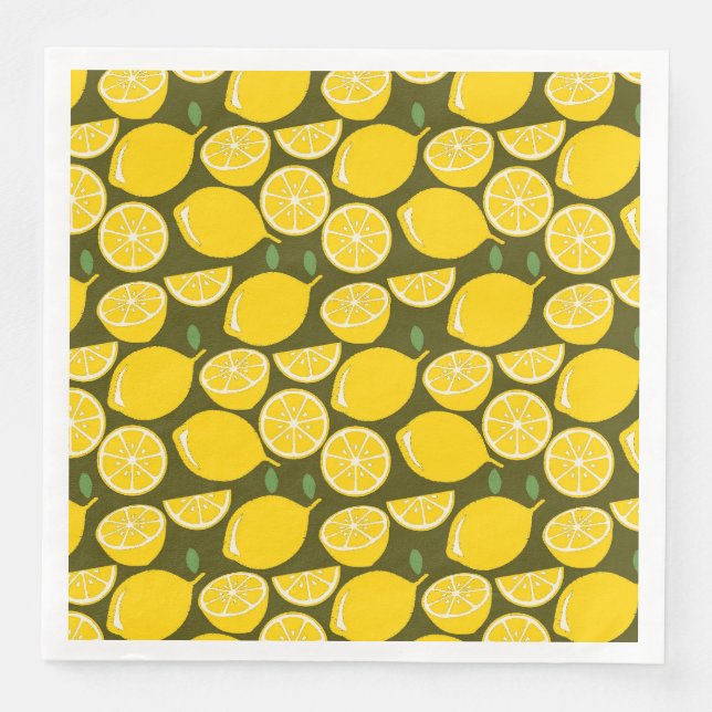 Yellow Lemons & Olive Green Pattern: Modern Citrus Napkin (Front)