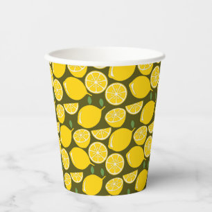 Yellow Lemons & Olive Green Pattern: Modern Citrus Paper Cups