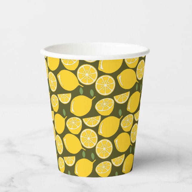 Yellow Lemons & Olive Green Pattern: Modern Citrus Paper Cups (Front)