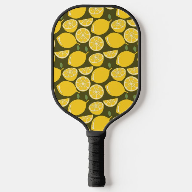 Yellow Lemons & Olive Green Pattern: Modern Citrus Pickleball Paddle (Front)