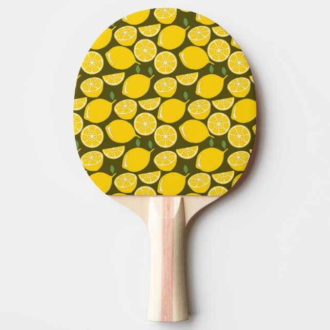 Yellow Lemons & Olive Green Pattern: Modern Citrus Ping Pong Paddle (Front)