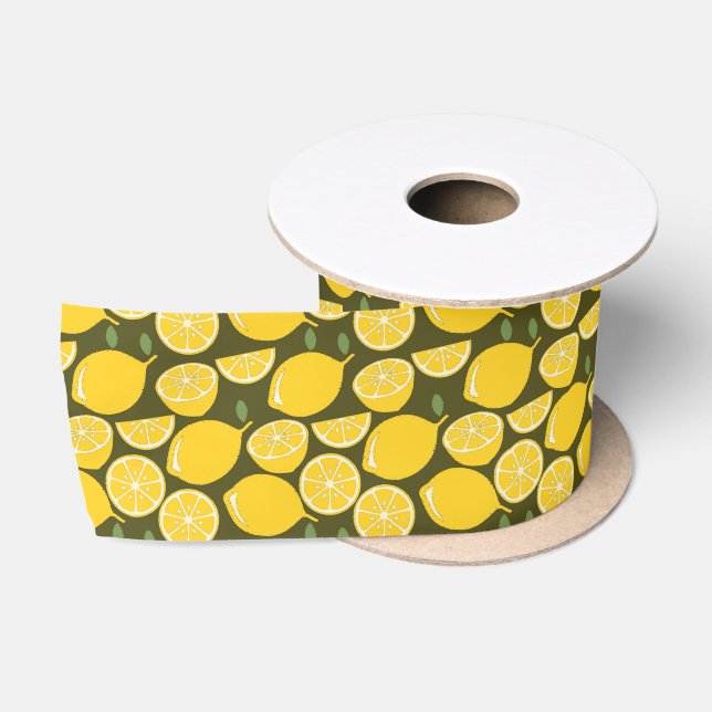 Yellow Lemons & Olive Green Pattern: Modern Citrus Satin Ribbon (Spool)