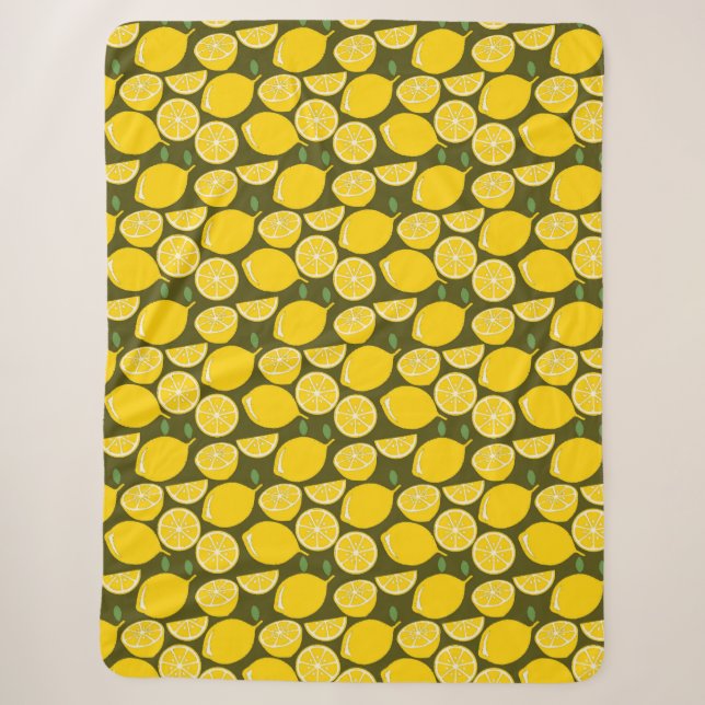 Yellow Lemons & Olive Green Pattern: Modern Citrus Sherpa Blanket (Front)