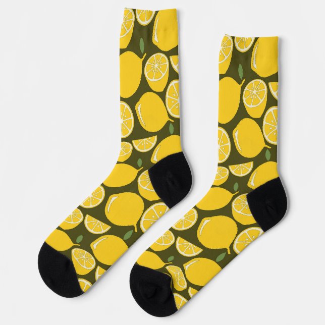 Yellow Lemons & Olive Green Pattern: Modern Citrus Socks (Left)