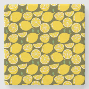 Yellow Lemons & Olive Green Pattern: Modern Citrus Stone Coaster