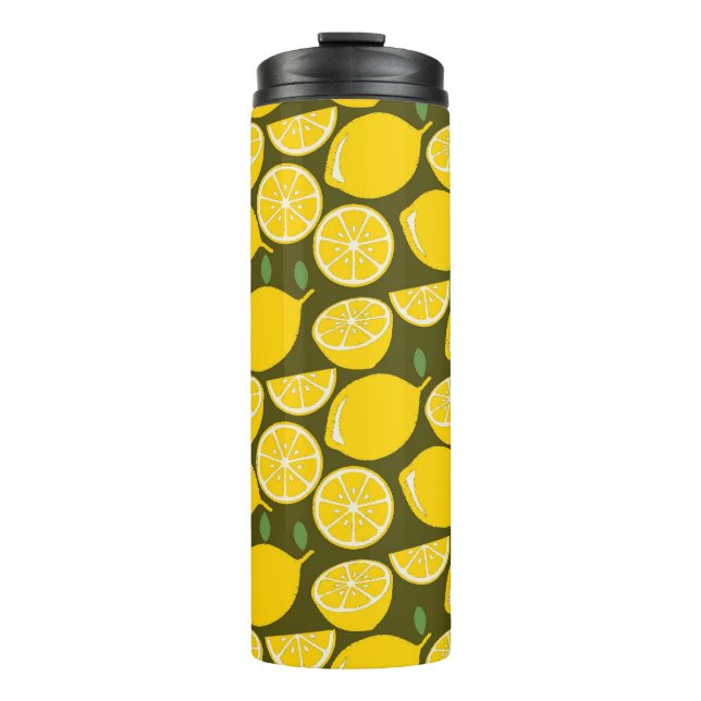Yellow Lemons & Olive Green Pattern: Modern Citrus Thermal Tumbler (Front)