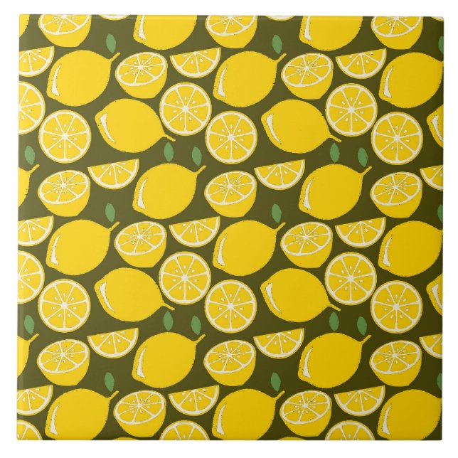 Yellow Lemons & Olive Green Pattern: Modern Citrus Tile (Front)
