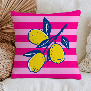 Yellow Lemons on Pink Stripes Retro Citrus Fruit Cushion