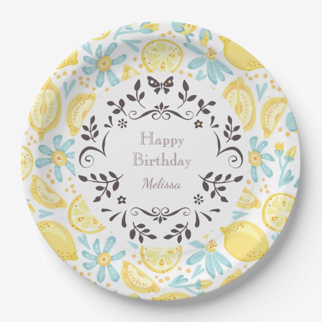 Yellow Lemons & Pastel Blue Flowers Happy Birthday Paper Plate (Front)