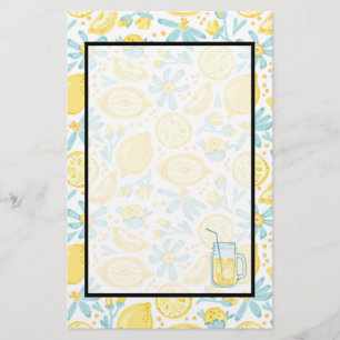 Yellow Lemons & Pastel Blue Flowers & Lemonade Jar Stationery