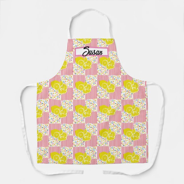 Yellow Lemons Pink Stripes Summer Apron (Front)