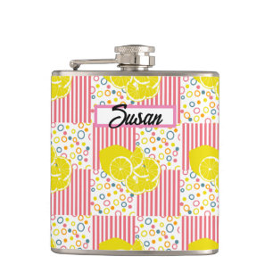 Yellow Lemons Pink Stripes Summer Hip Flask