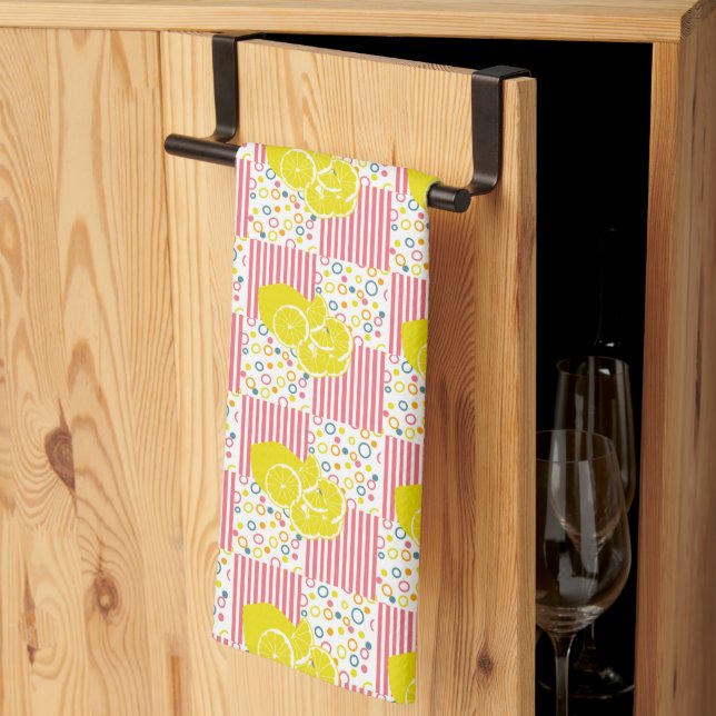 Yellow Lemons Pink Stripes Summer Tea Towel (Thirds Fold)