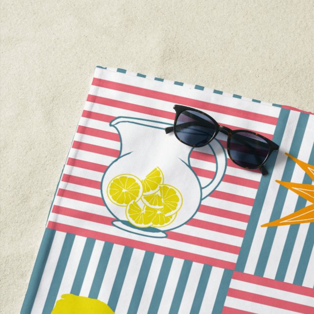 Yellow Lemons Pink Teal Stripes Beach Towel (In Situ)