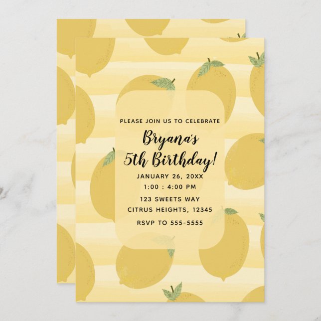 Yellow Lemons Summer Fruit Bright Birthday Party Invitation (Front/Back)