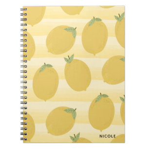 Yellow Lemons Summer Fruit Watercolor Stripe Fun Spiral Notebook