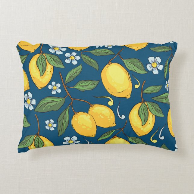 Yellow Lemons: Tropical Fruit Pattern. Decorative Cushion (Front)