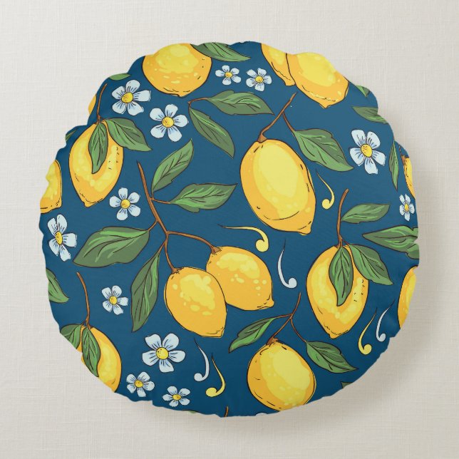 Yellow Lemons: Tropical Fruit Pattern. Round Cushion (Front)