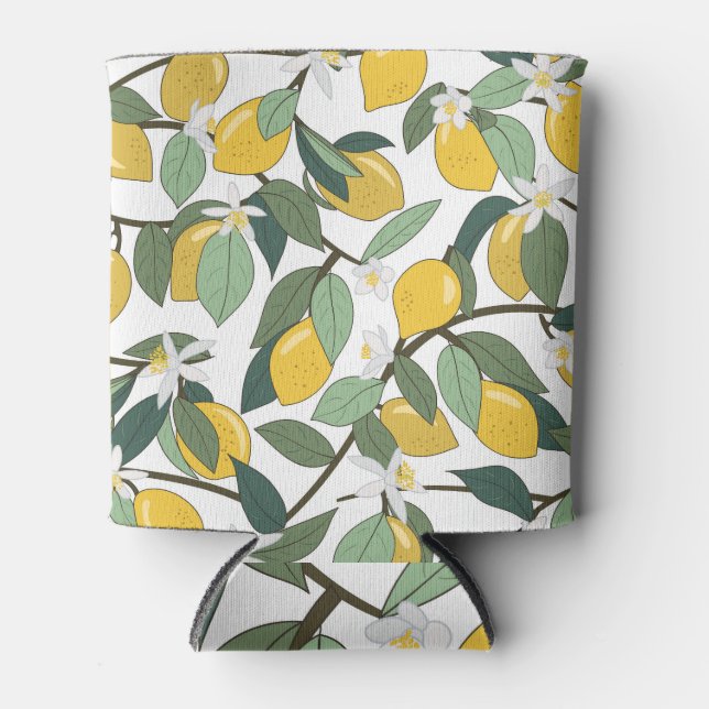 Yellow Lemons, Tropical Seamless Print. Can Cooler (Front)