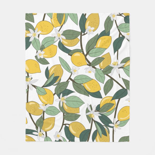 Yellow Lemons, Tropical Seamless Print. Fleece Blanket (Front)