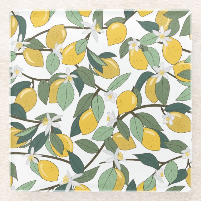 Yellow Lemons, Tropical Seamless Print. Glass Coaster (Front)