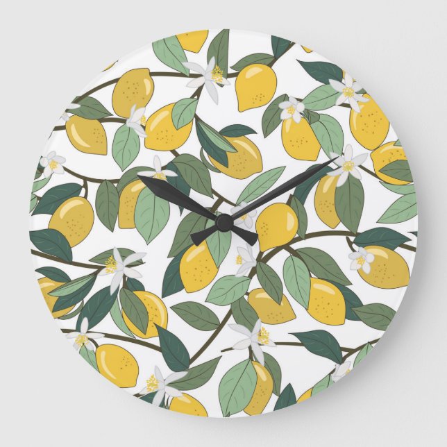 Yellow Lemons, Tropical Seamless Print. Large Clock (Front)