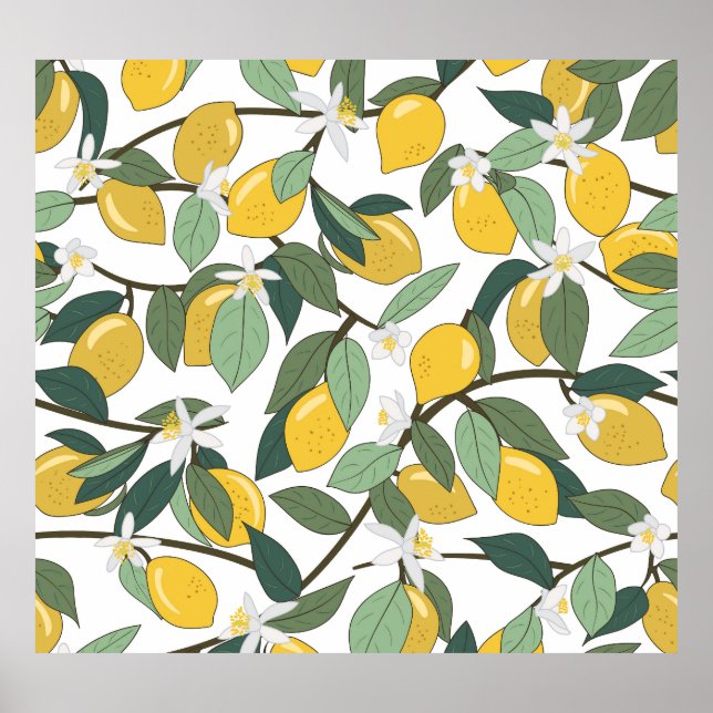 Yellow Lemons, Tropical Seamless Print. Poster (Front)