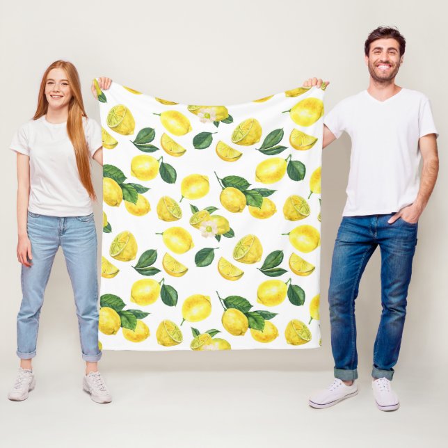 Yellow Lemons Watercolor Fruit Pattern Fleece Blanket (In Situ)
