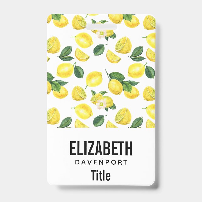 Yellow Lemons Watercolor Fruit Pattern ID Badge (Front)