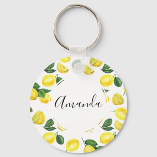 Yellow Lemons Watercolor Fruit Pattern Key Ring