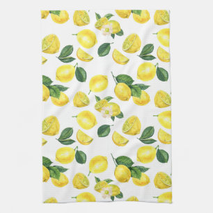 Yellow Lemons Watercolor Fruit Pattern Tea Towel