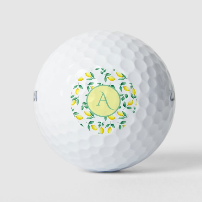 Yellow Lemons Watercolor Monogram Golf Ball (Front)