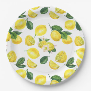 Yellow Lemons Watercolor Pattern Paper Plate
