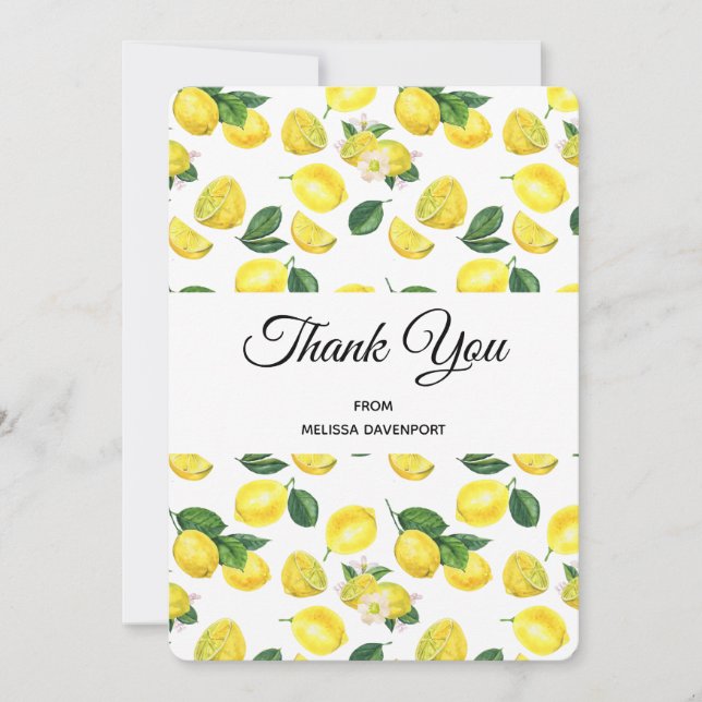 Yellow Lemons Watercolor Pattern Thank You Card (Front)
