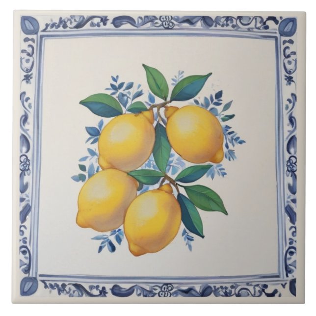 Yellow Lemons with Blue and White Border Tile (Front)
