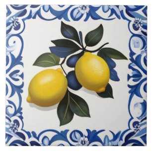 Yellow Lemons with Blue and White Border Tile
