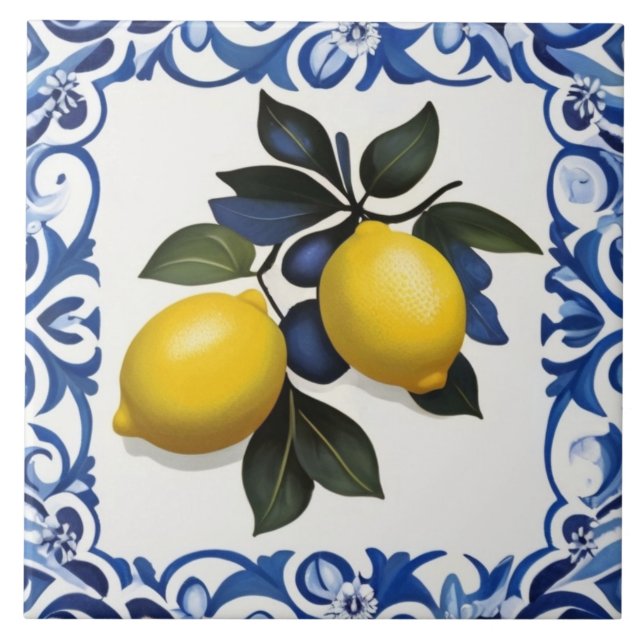 Yellow Lemons with Blue and White Border Tile (Front)