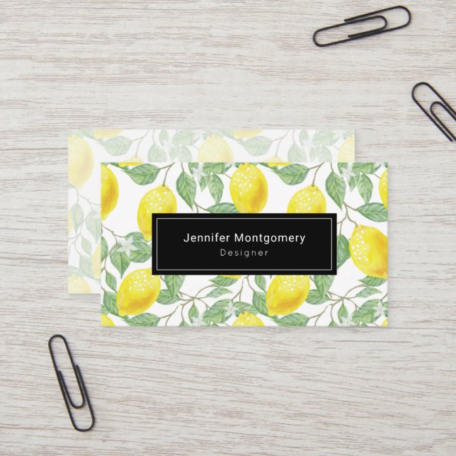 Yellow Lemons with Green Leaves Pattern Business Card (Front/Back In Situ)