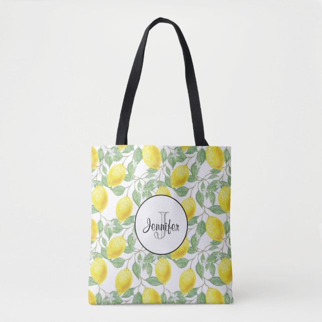 Yellow Lemons with Green Leaves Pattern Monogram Tote Bag (Front)