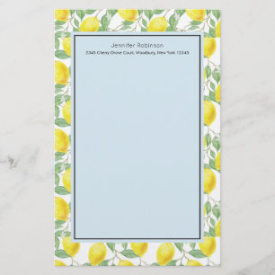 Yellow Lemons with Green Leaves Pattern Stationery