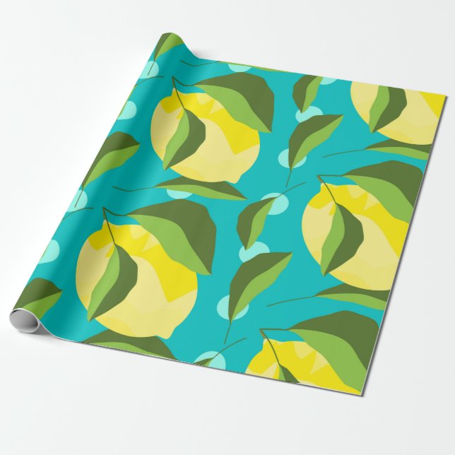 Yellow lemons with green leaves seamless pattern w wrapping paper (Unrolled)