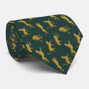 Yellow Leopard On Dark Green Pattern Wild Animal Tie