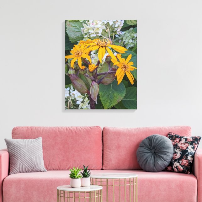 Yellow Leopard Plant Flowers and Hydrangea Floral Canvas Print (Insitu(LivingRoom))