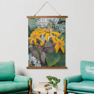 Yellow Leopard Plant Flowers and Hydrangea Floral Hanging Tapestry