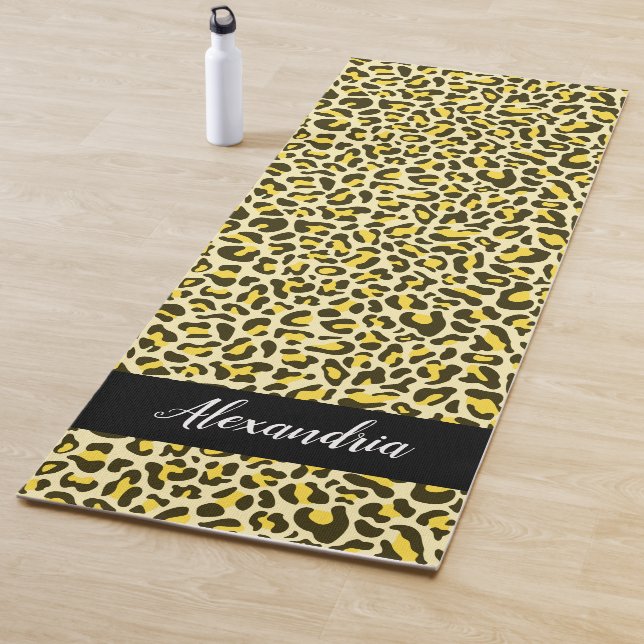 Yellow Leopard Print Personalised Name Yoga Mat (In Situ)