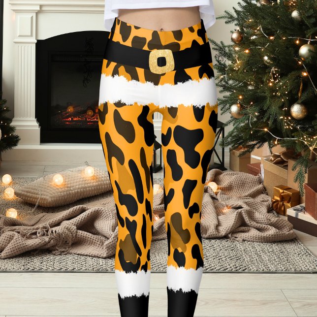 Yellow Leopard Print Santa Claus Costume Christmas Leggings (Creator Uploaded)