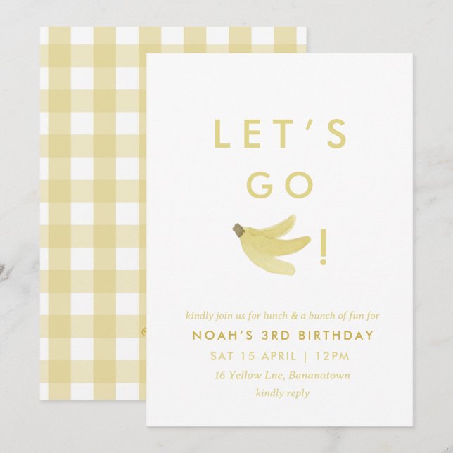 Yellow Lets Go Bananas Birthday Banana Party Theme Invitation (Front/Back)