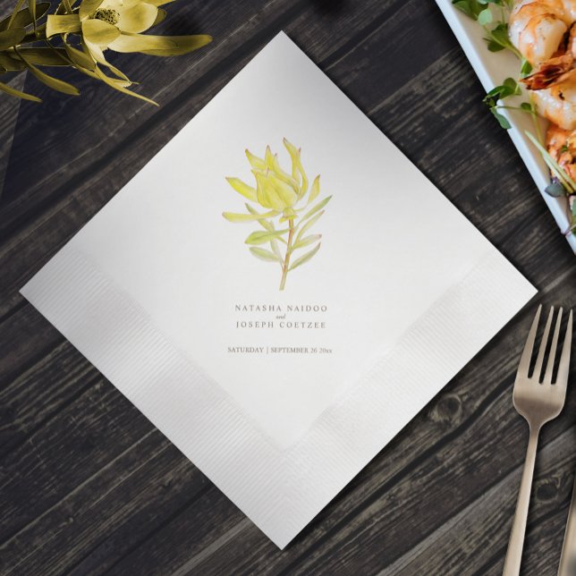 Yellow leucadendron botanical watercolor wedding napkin (Creator Uploaded)