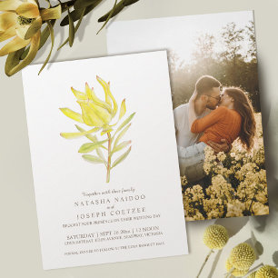 Yellow leucadendron watercolor wedding photo invitation