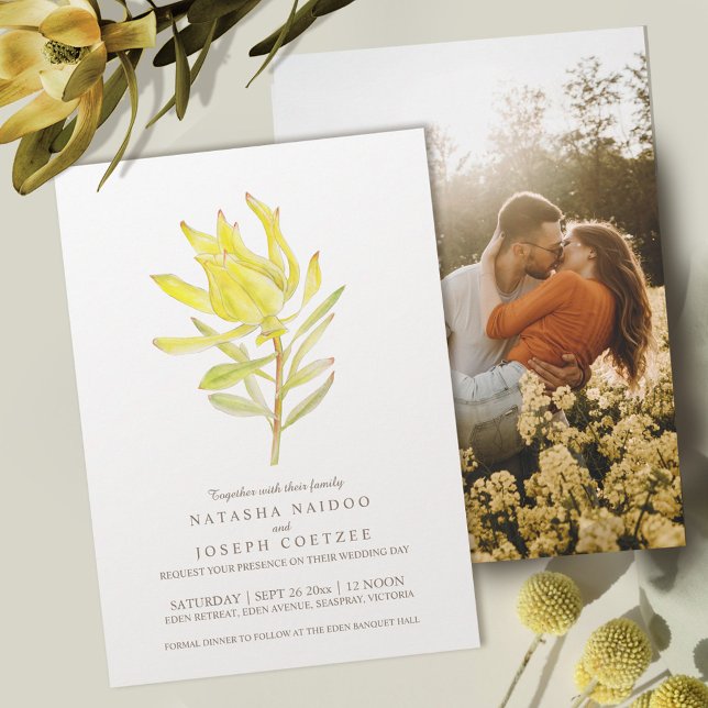 Yellow leucadendron watercolor wedding photo invitation (Creator Uploaded)